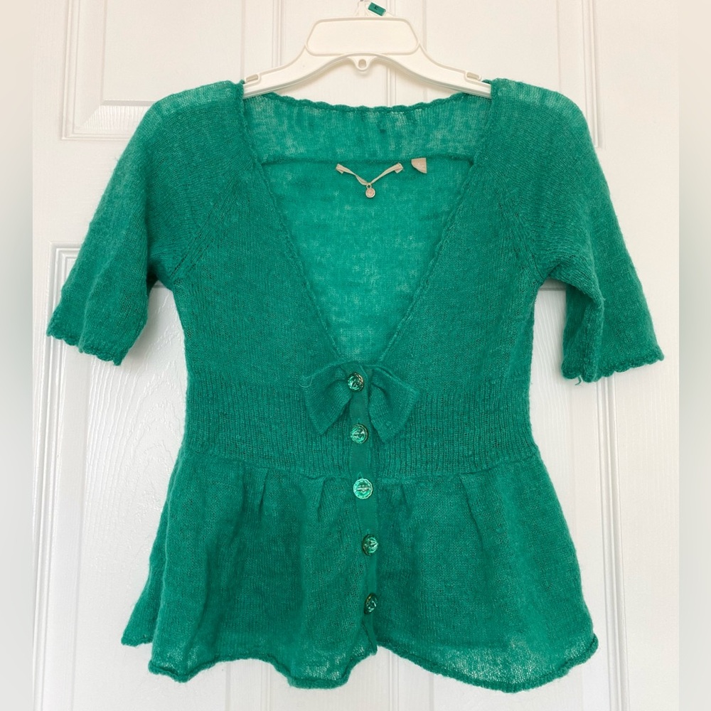 Anthropologie Teal Green Knit Peplum Cardigan